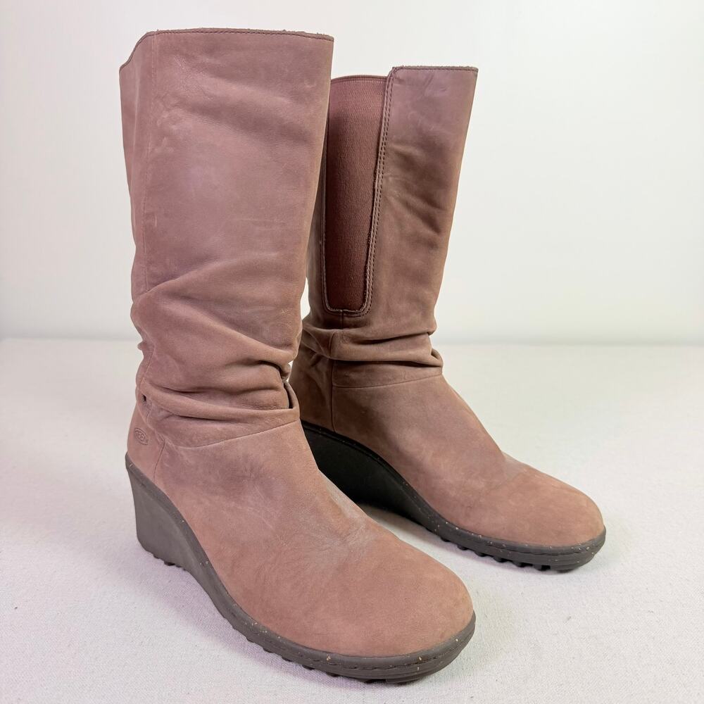 Keen Akita Wedge Slouch Boots Women's 9.5 Brown Suede Mid Calf Pull On Comfort